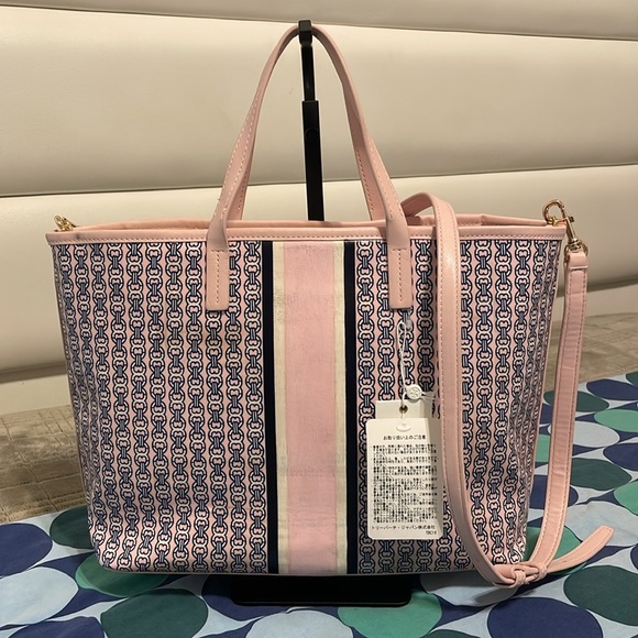 Tory Burch Pink and Navy Chain Print Tote - Picture 2 of 15